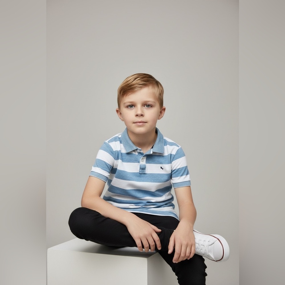 H & M L.O.G.G. polo shirt boy 6-8 years white/blue striped collar buttons cotton